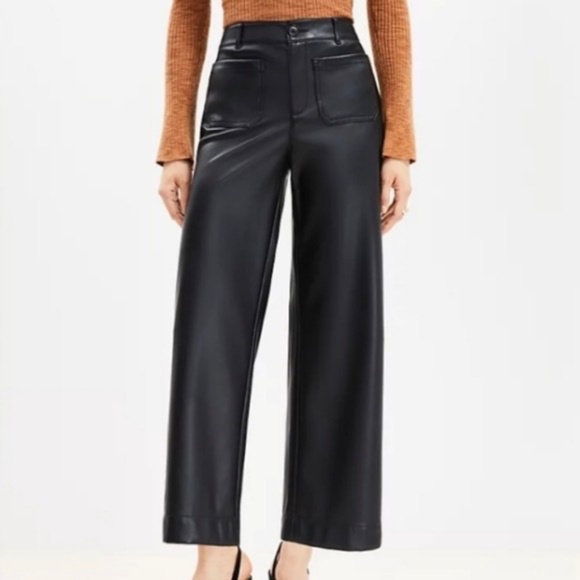 LOFT Palmer Wide Leg Crop Pants in Faux Leather Black 10P - Picture 8 of 11